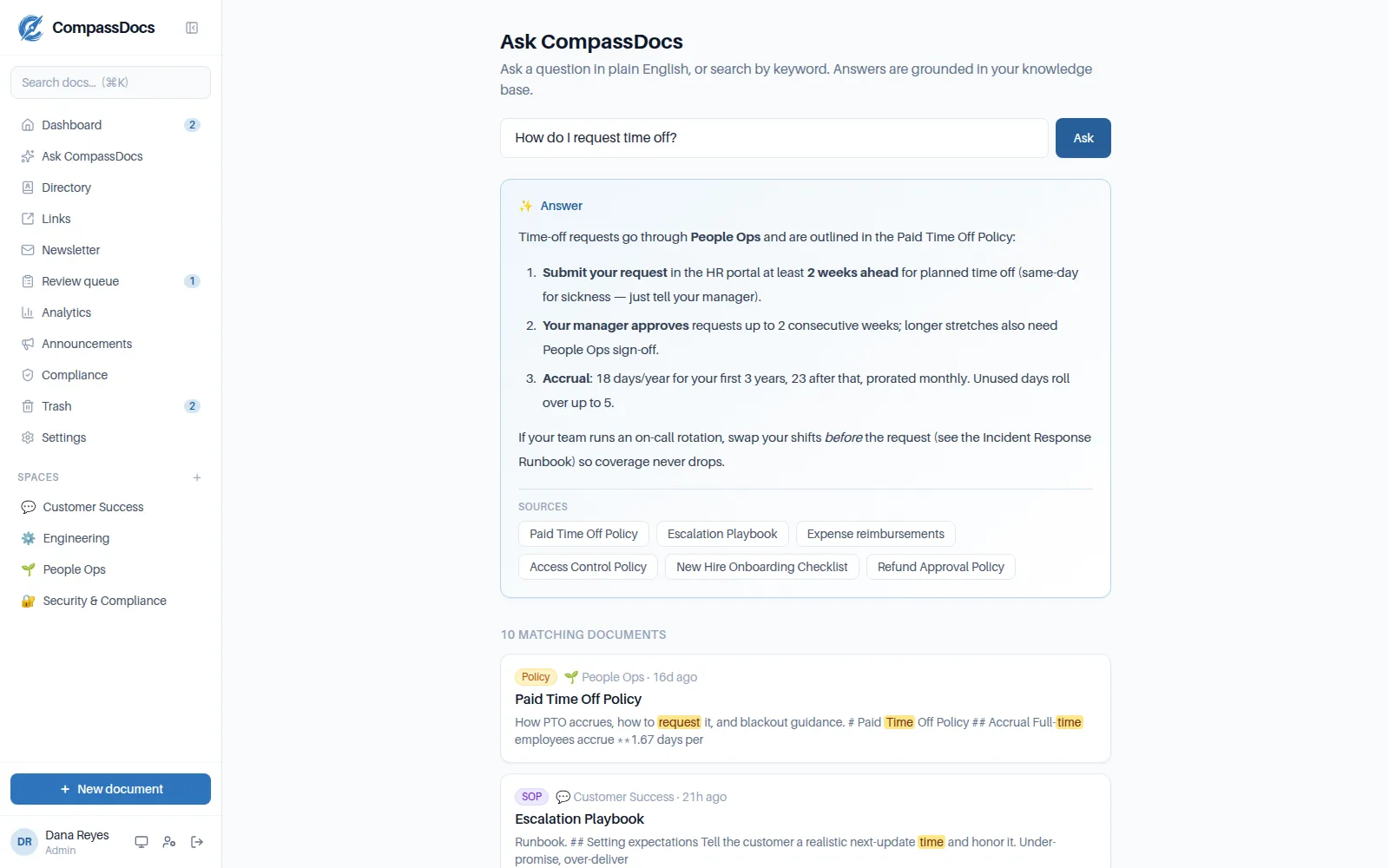 Ask CompassDocs returning an AI answer with cited sources