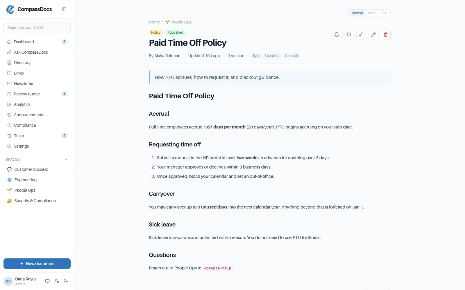A CompassDocs comment thread with @mention highlights and the mention autocomplete picker open