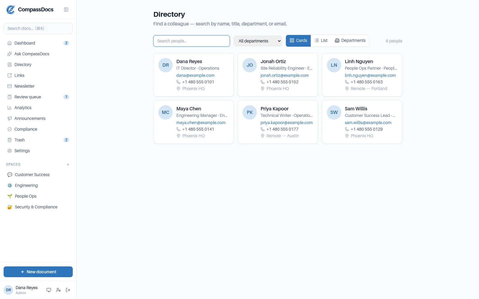 The CompassDocs people directory with contact cards