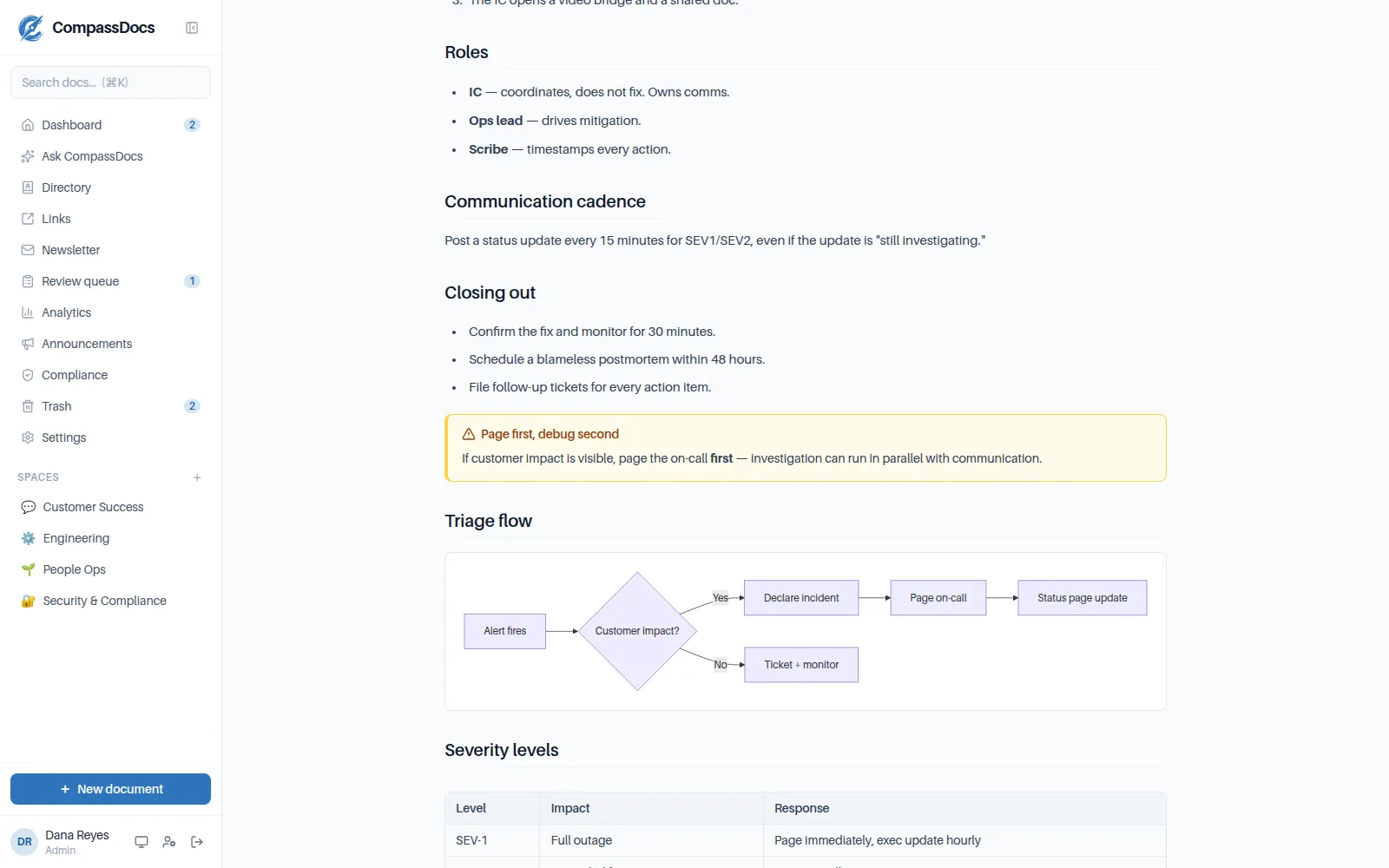 A rendered runbook in CompassDocs with a callout, a live Mermaid triage diagram, and a severity table