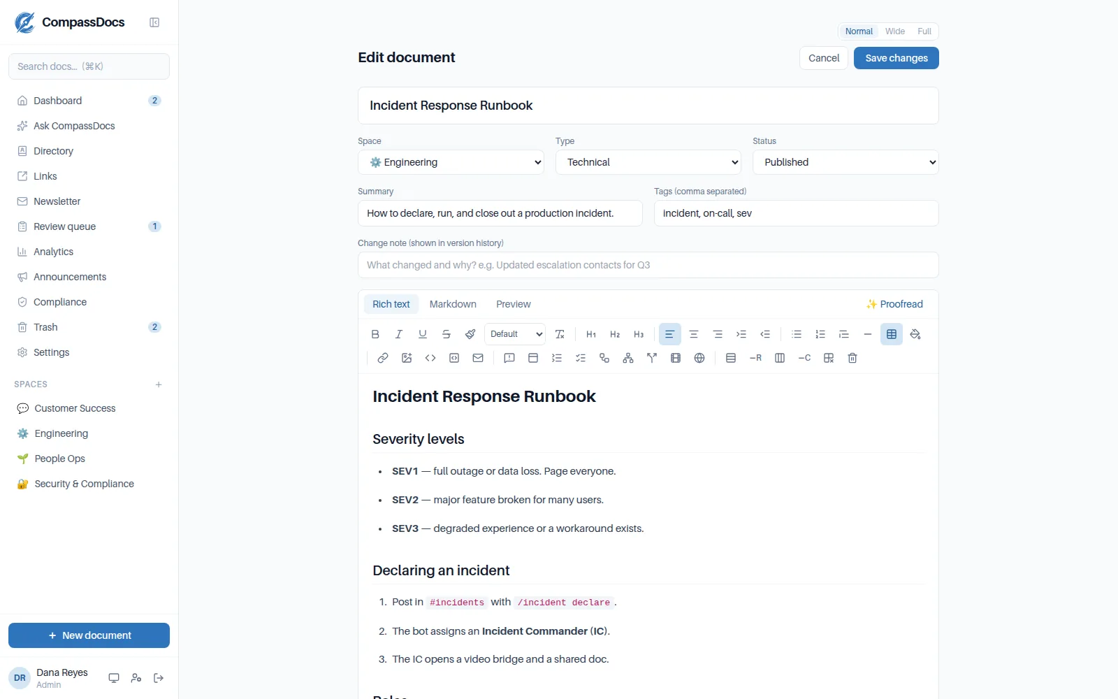 CompassDocs rich-text editor with a formatting toolbar