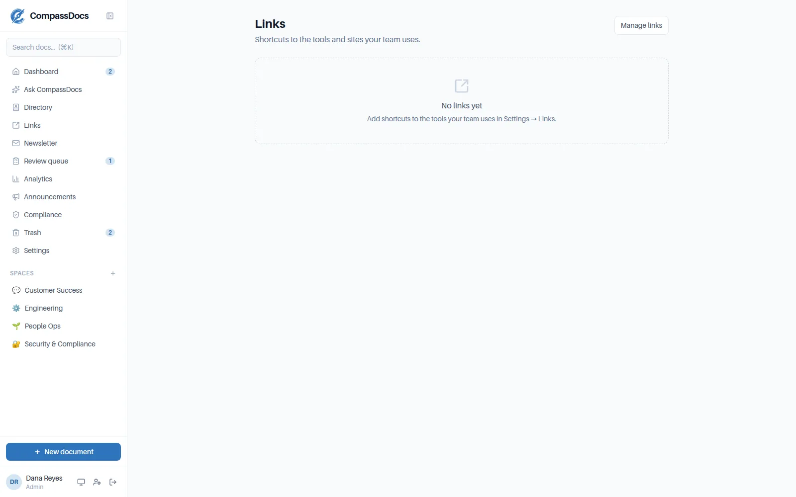The CompassDocs quick links launchpad with categorized shortcuts to team tools