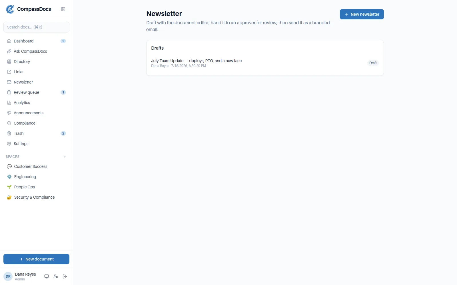 The CompassDocs newsletter workspace with a rich draft, recipient selection, and approver review
