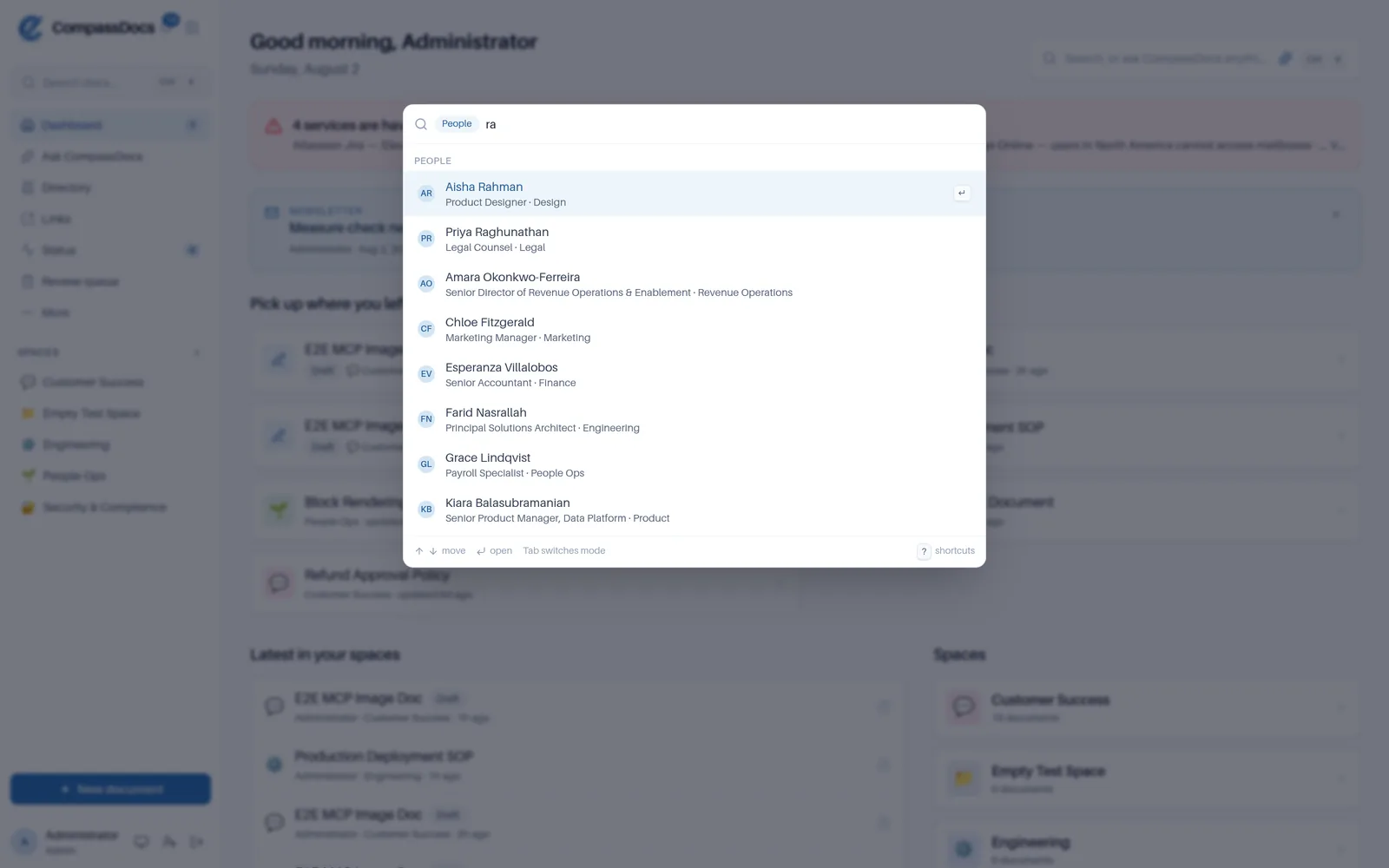 The CompassDocs command palette in people mode, listing colleagues with their job titles and departments