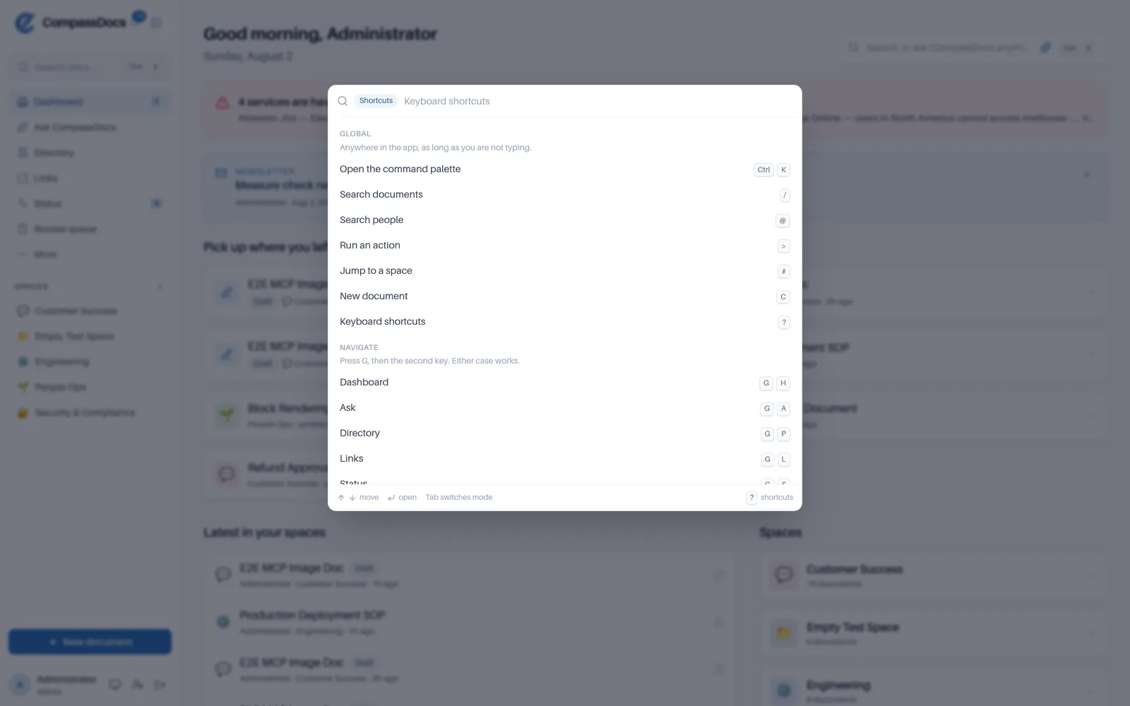 The CompassDocs keyboard shortcut sheet listing the global shortcuts and the g-then-a-letter navigation chords