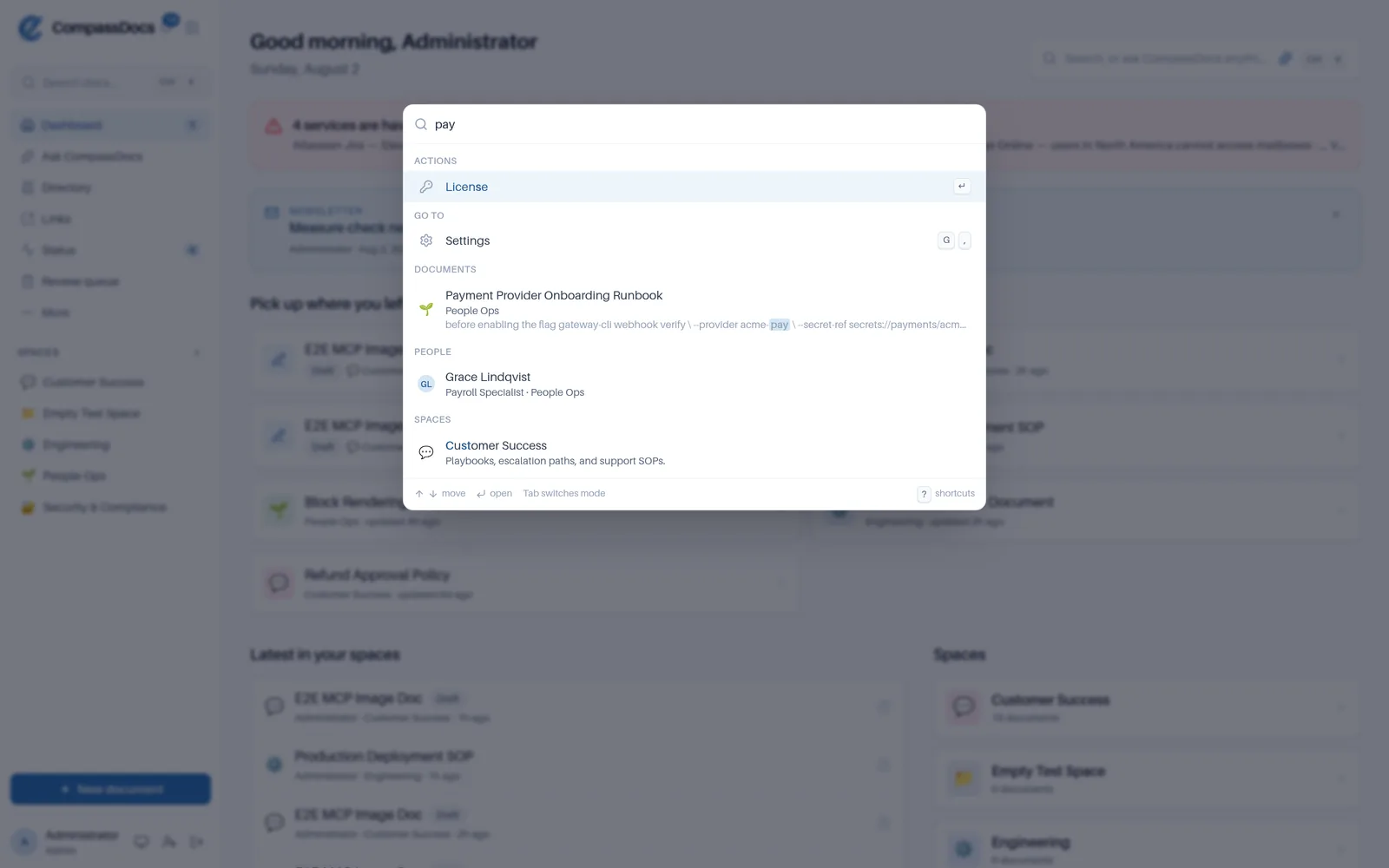 The CompassDocs command palette open over the dashboard, showing actions, navigation, documents, people, and spaces in one result list