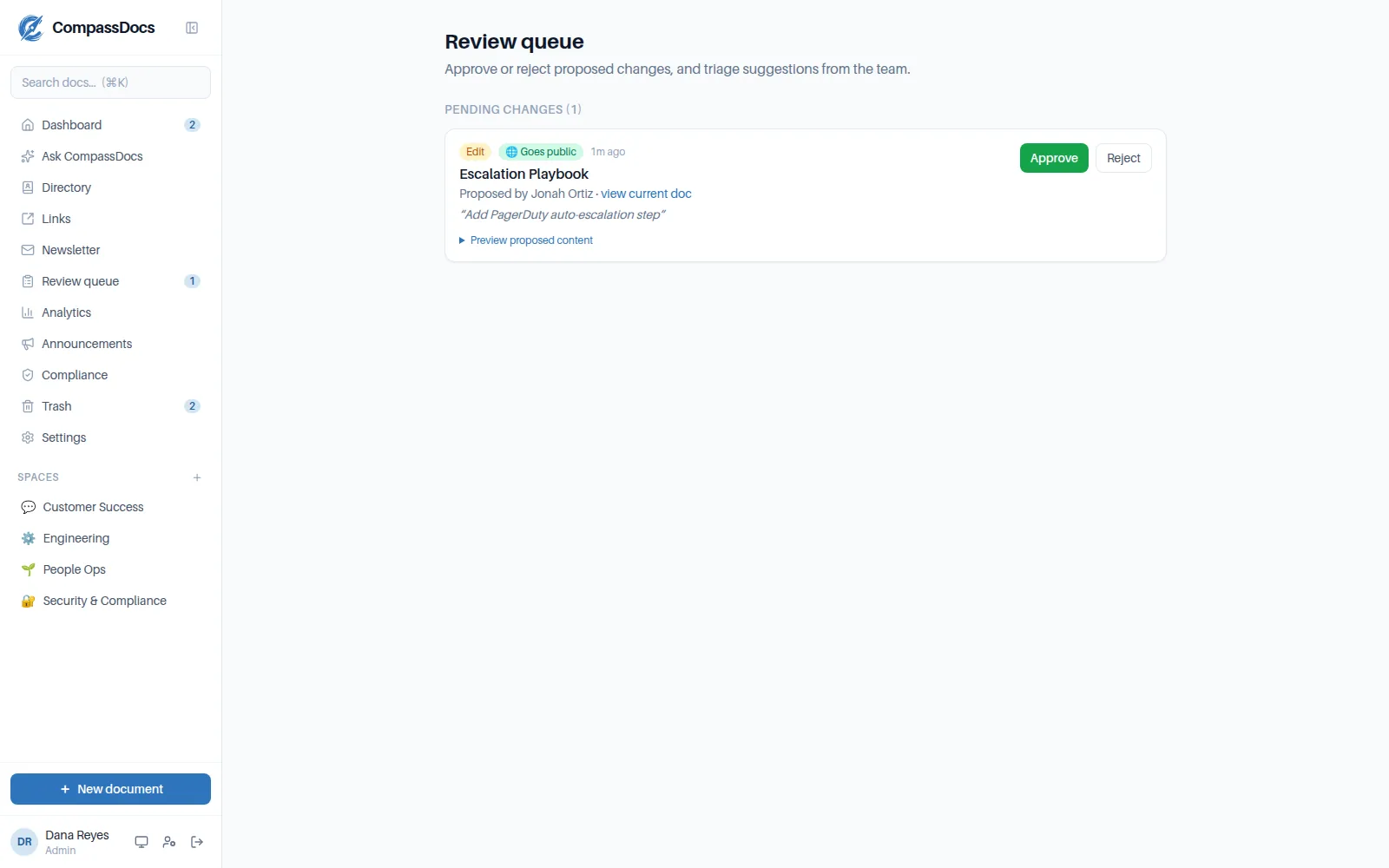 A policy review and acknowledgement view in CompassDocs