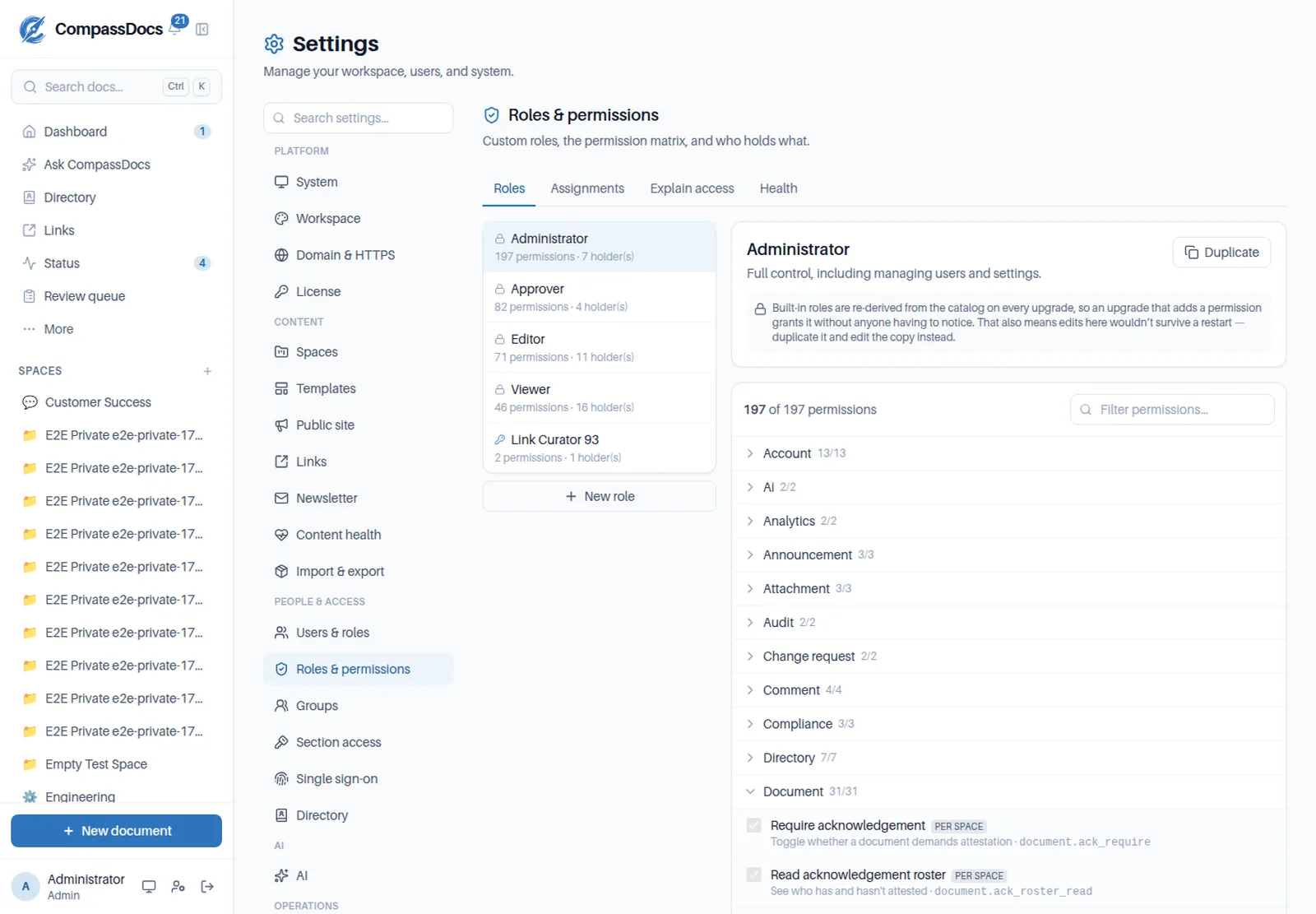 The CompassDocs permission matrix, showing a custom role alongside the four built-in presets