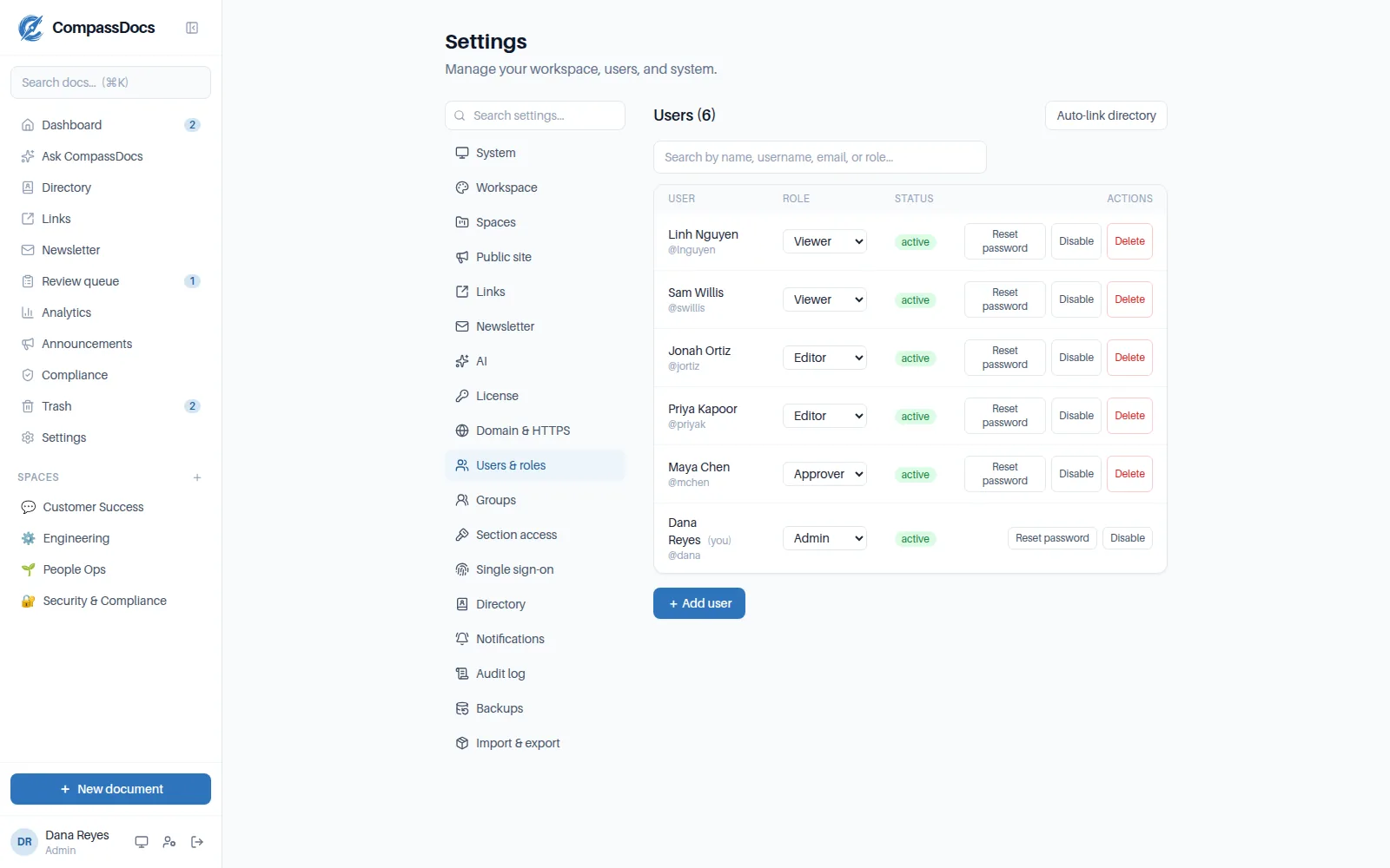 CompassDocs users and roles administration console