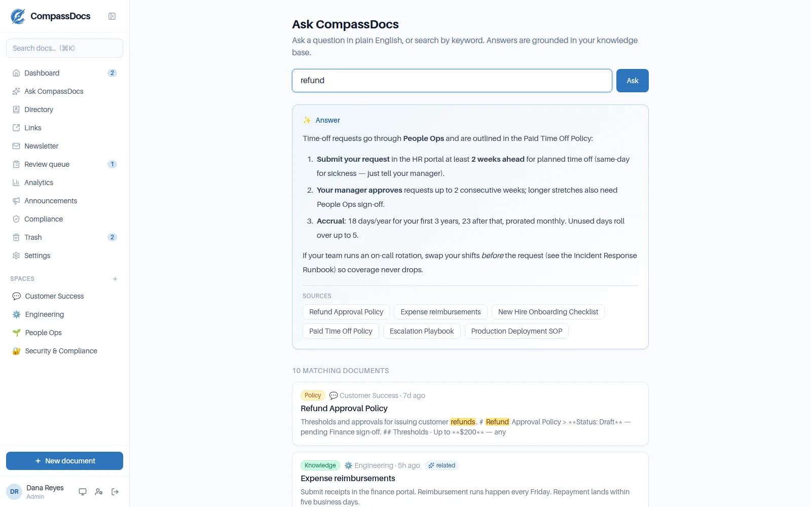 CompassDocs AI search answering a question with citations from the team's own documents