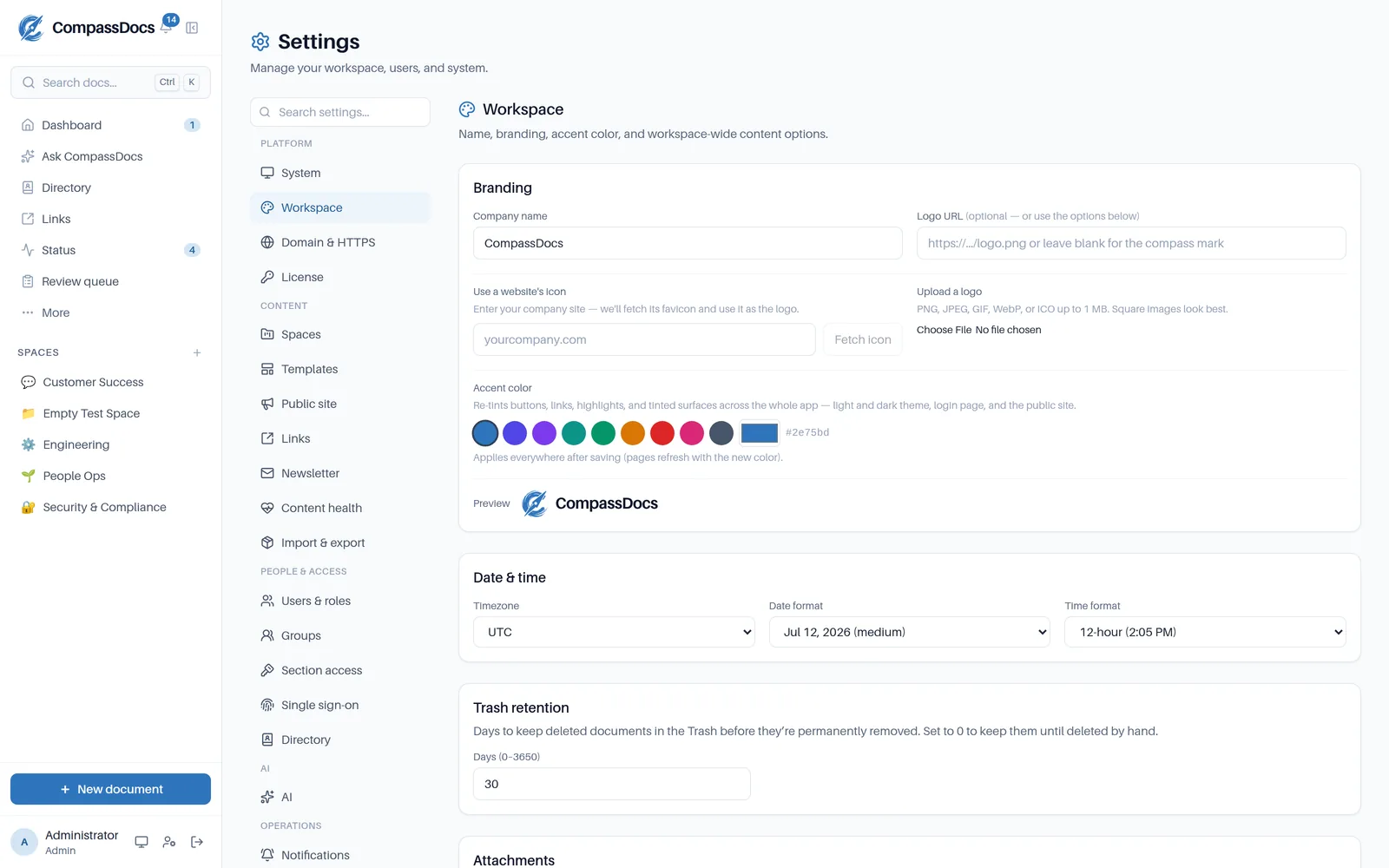 The CompassDocs settings and system console