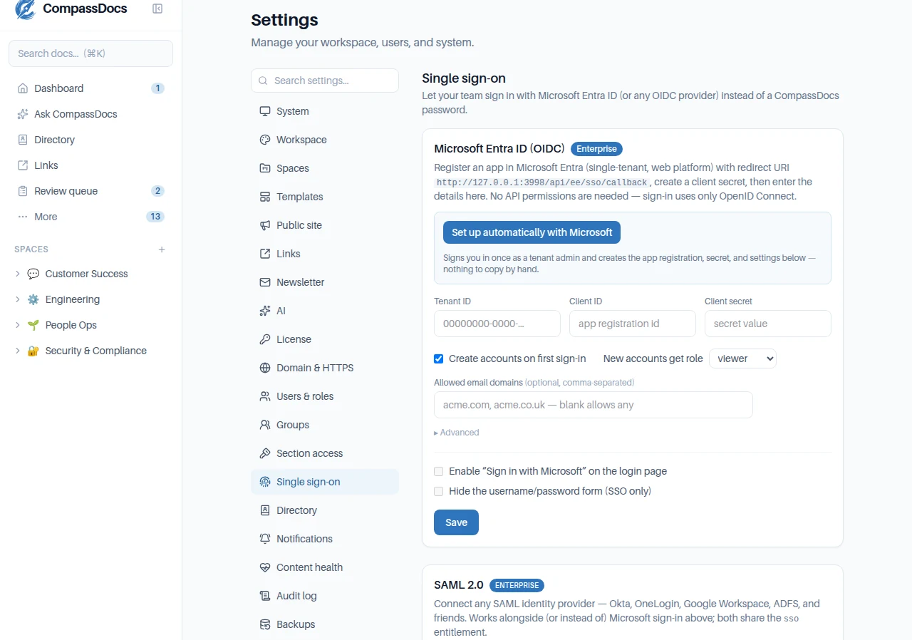 CompassDocs single sign-on settings showing Microsoft Entra ID (OIDC) and SAML 2.0 identity-provider panels