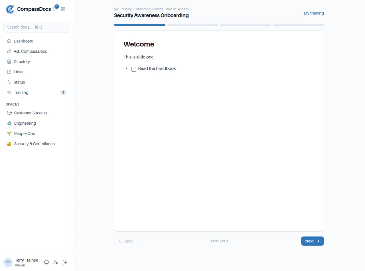 CompassDocs training player showing a slide with progress dots and next/back navigation
