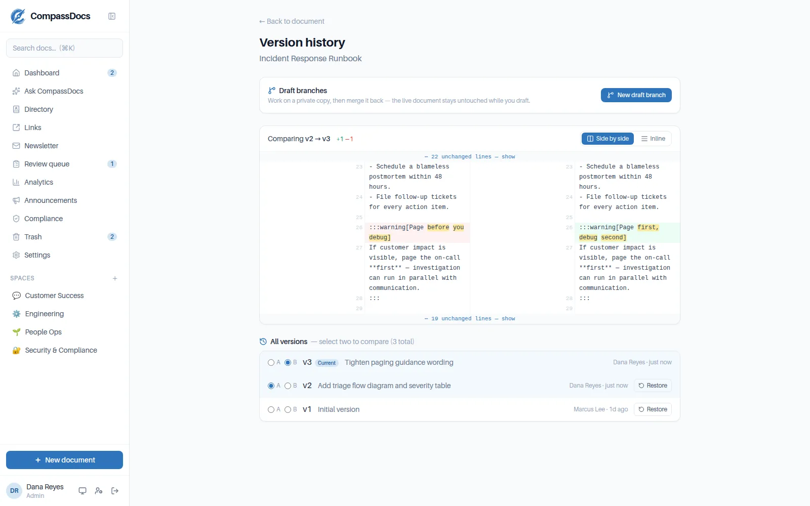 CompassDocs version history comparing two versions side-by-side with word-level change highlights, change notes, and restore buttons